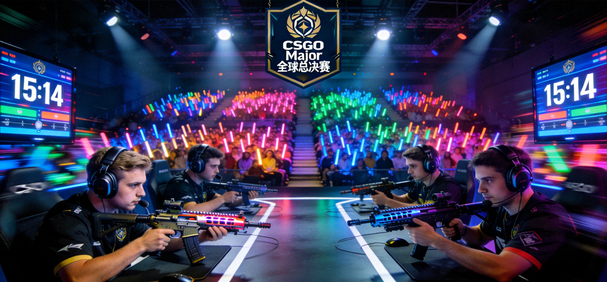CSGO Major 全球总决赛高清直播画面，两支顶级战队在舞台中央进行决胜局对战
